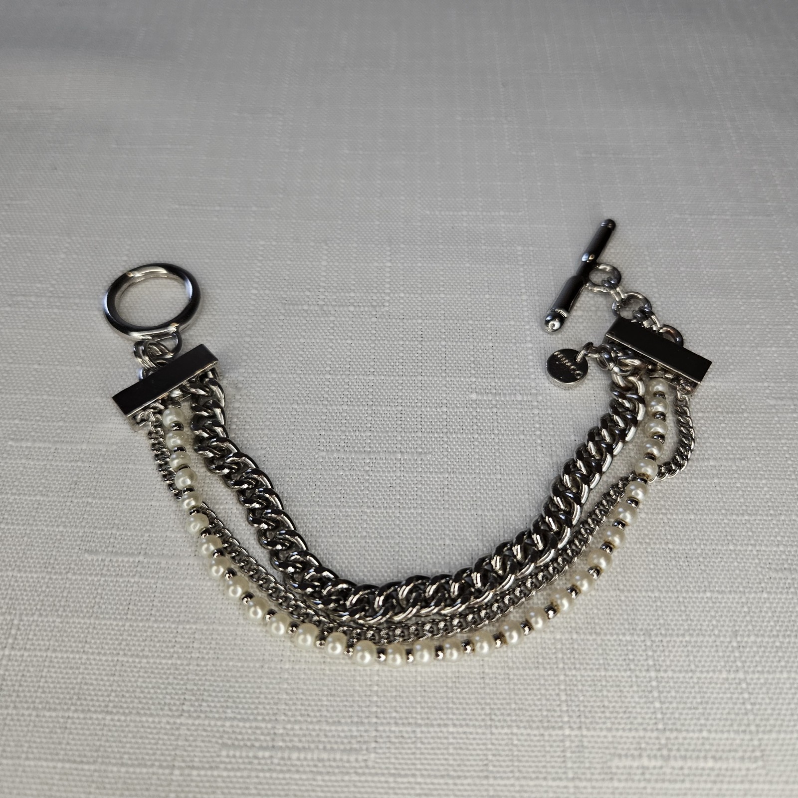 Mimco Signed Silver-Tone Multi-Strand Curb Link Faux Pearl Toggle Bracelet