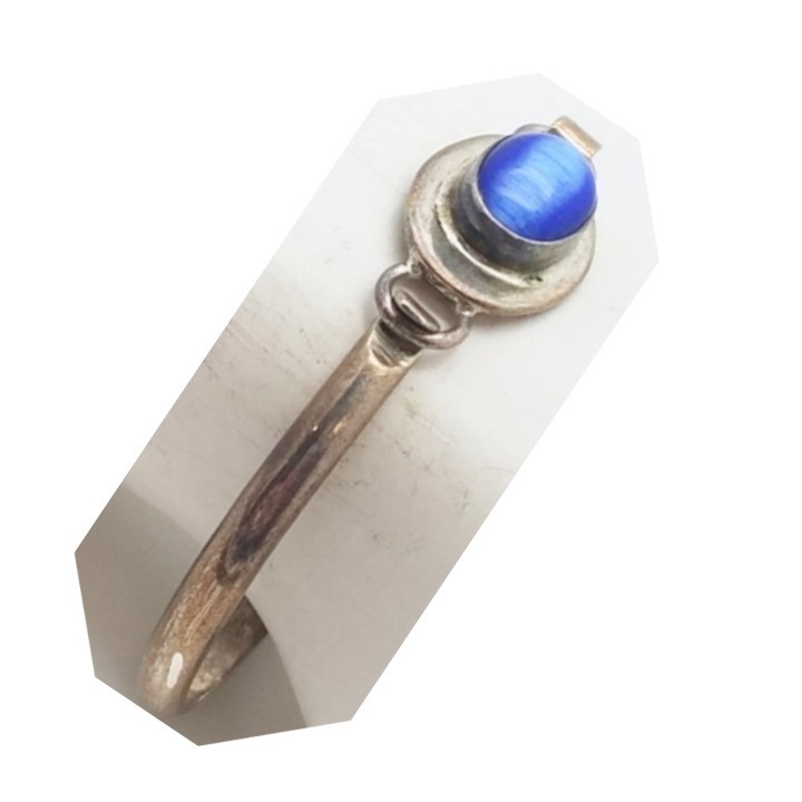 Vtg 925 Chrysoberyl Blue Cat’s Eye Cabachon Bangle 925 Sterling Silver Mexico