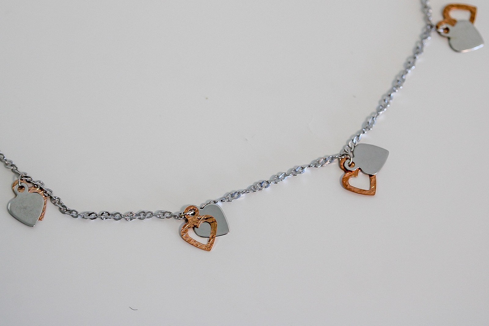 Double Heart Anklet 14k Solid Rose & White Gold Two-Tone Cable Chain 9 or 10″
