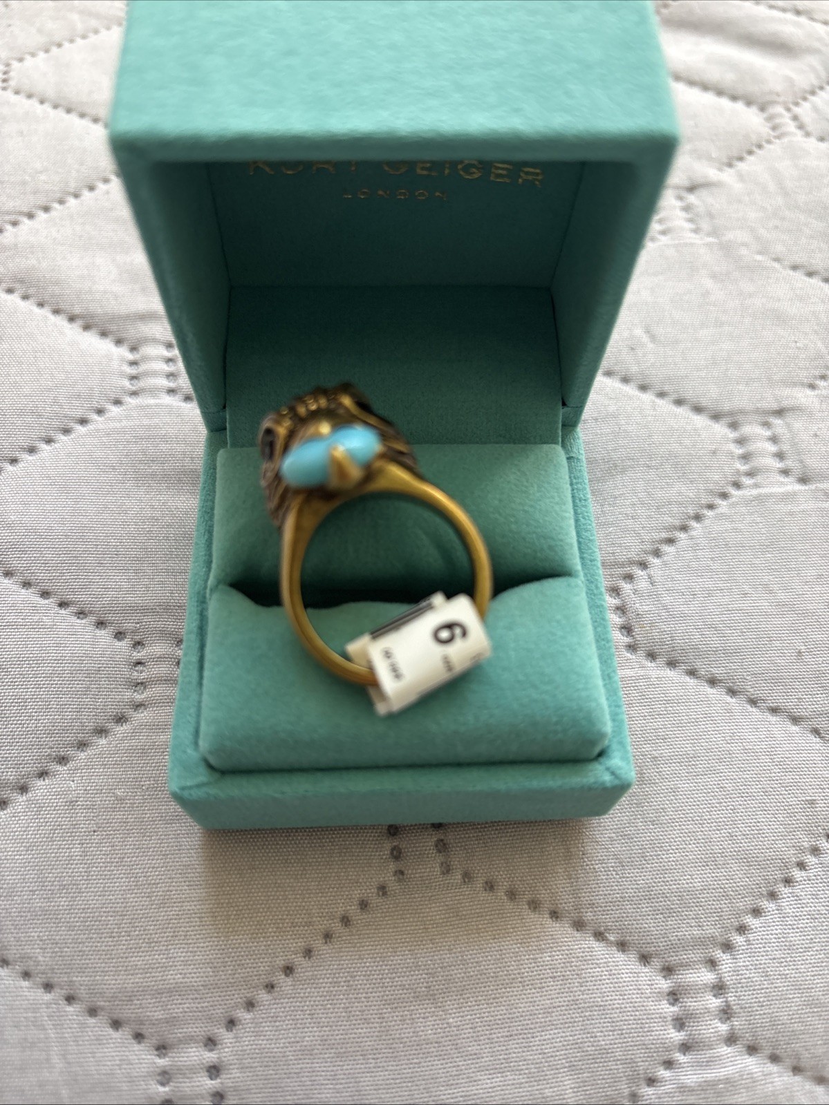 KURT GEIGER LONDON ANTIQUED GOLD TONE EAGLE HEAD RING TURQUOISE 9 New In Box