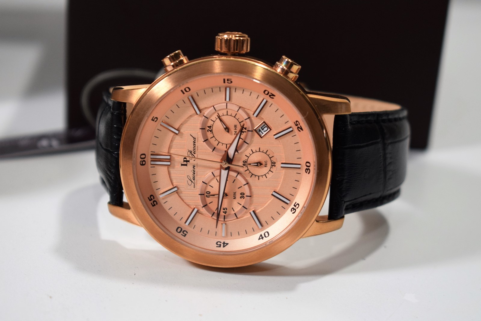 Lucien Piccard Men’s Monte Viso Chron Black Leather Watch LP-12011-RG-09
