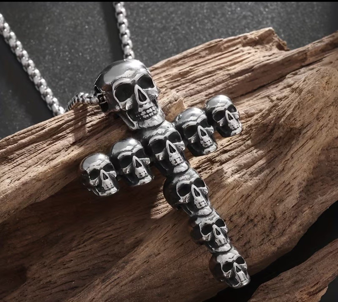 Mens Gothic Multi Skull Pendant Cross Necklace Punk Biker Chain Jewelry Style