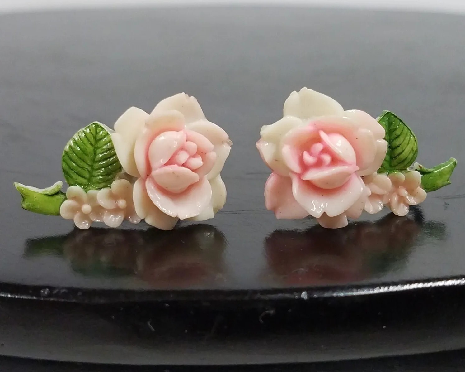 Vintage Pink and Green Colored Screw Back Earrings Japan About 1 inch Tall