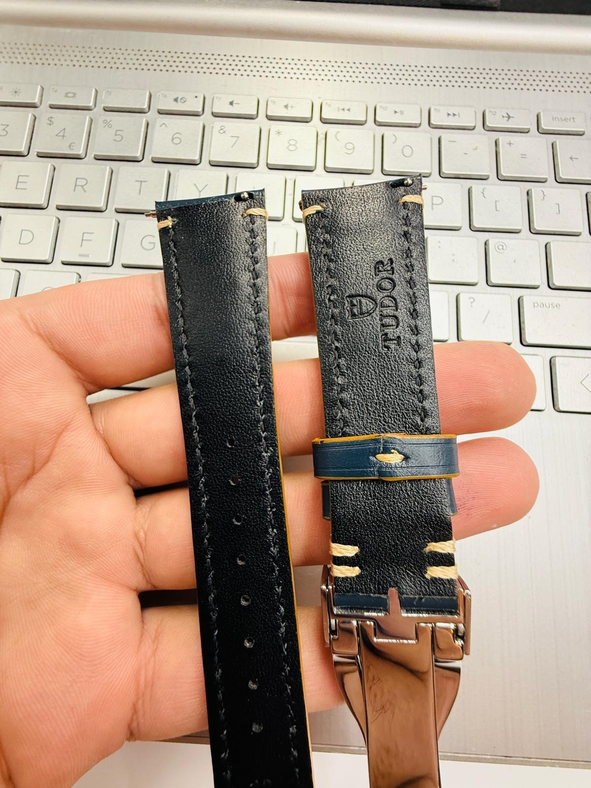 Tudor 22mm Dark Blue Leather Watch Strap With Silver Deployment Clasp Solid