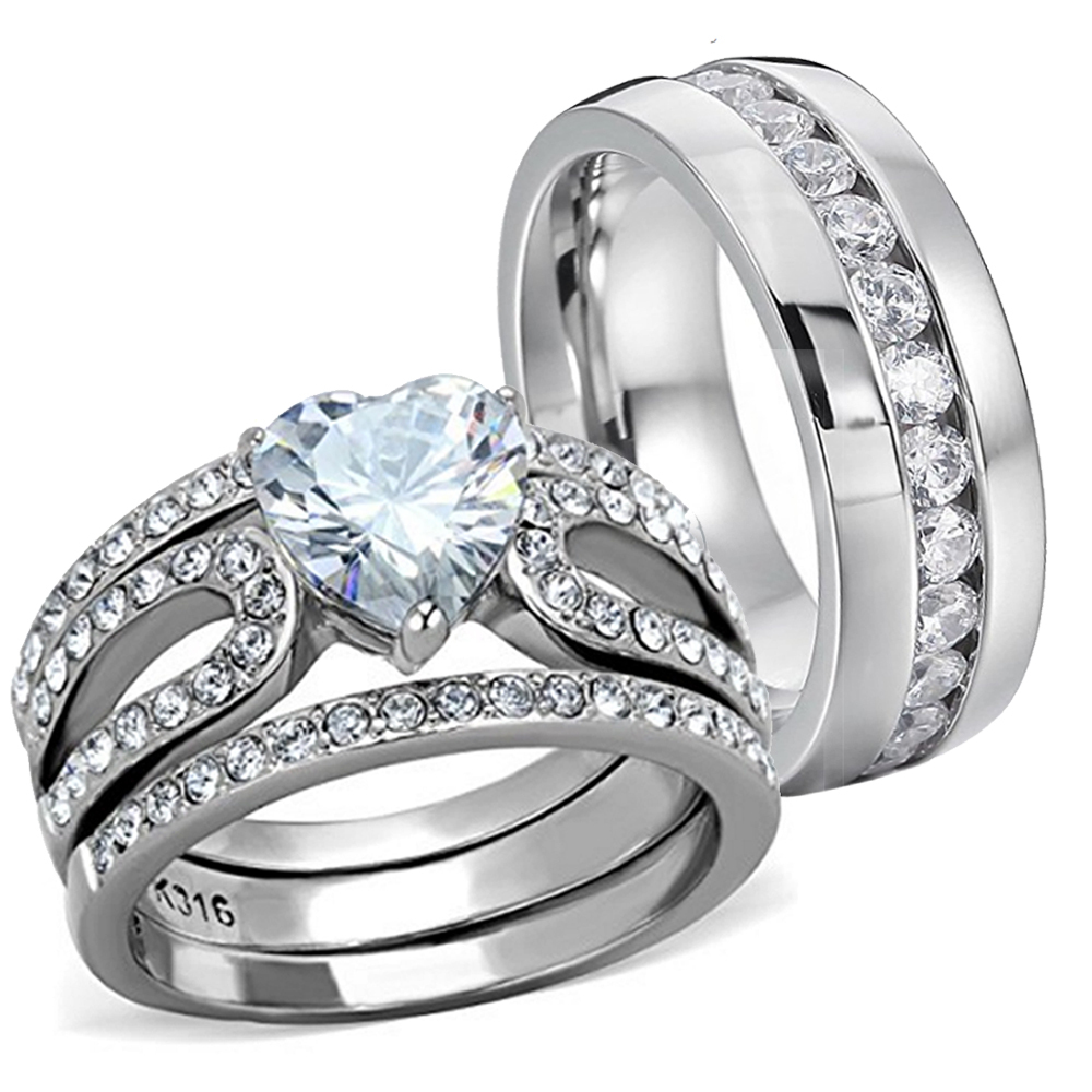 His & Hers Heart Shaped Stainless Steel Engagement Wedding Promise Ring Band Set