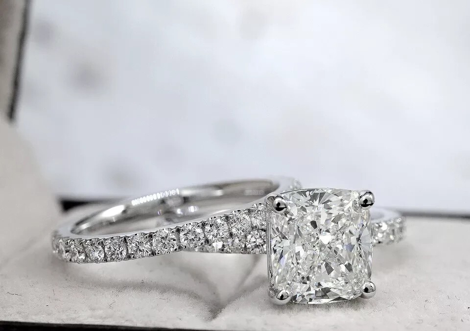 Silver Plated Delicate Engagement Ring 3 CT Simulated Diamond Bridal Ring Set