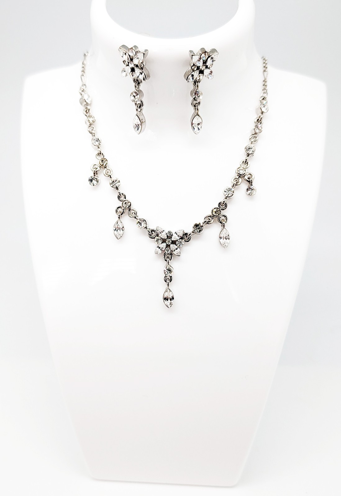 DESIGNER INSPIRED 18 in GLEAR MARQUISE CRYSTAL SILVER VICTORIAN JEWELRY SET NEW