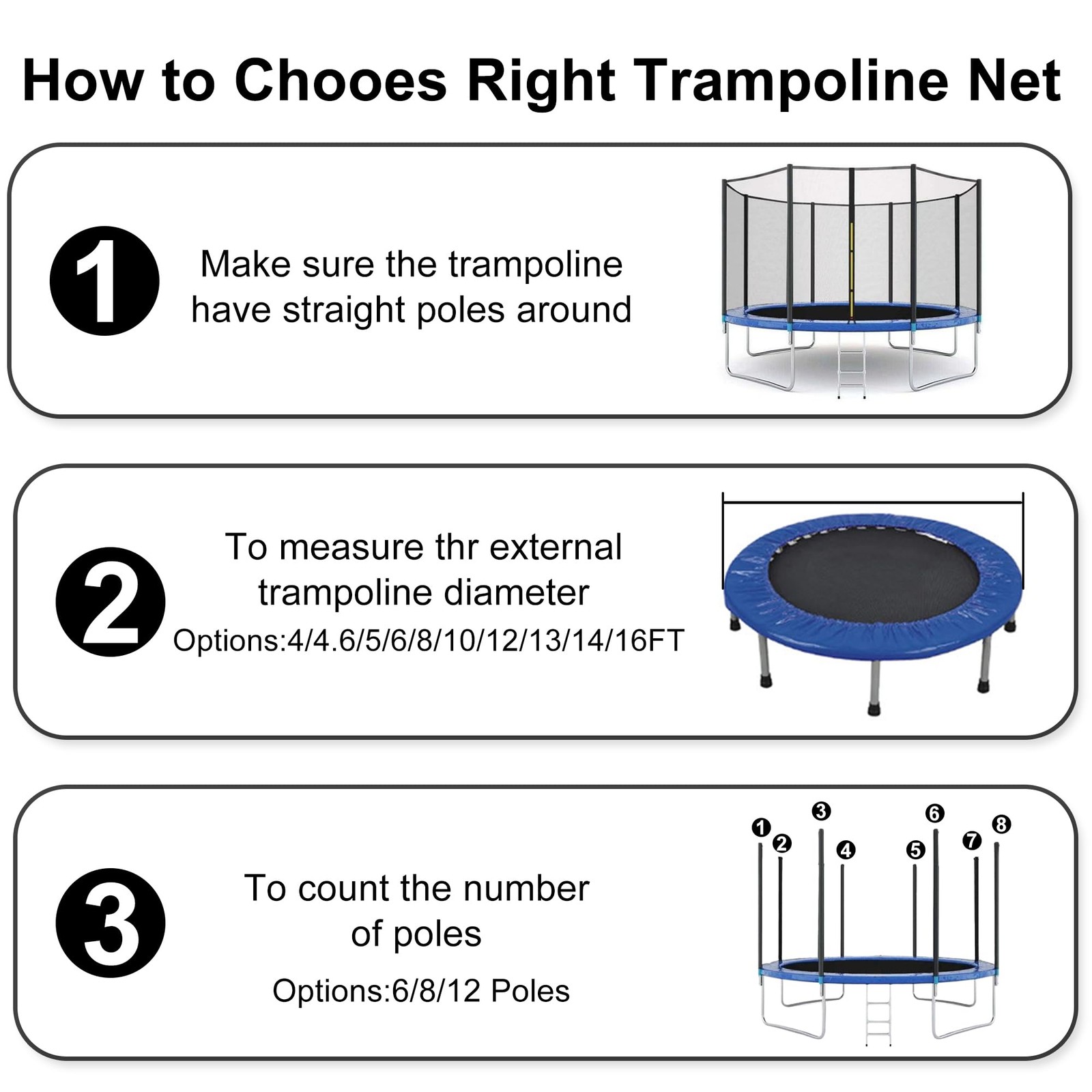 SUOGROLI Trampoline Safety Net 8ft 6 Poles Black Replacement Fence