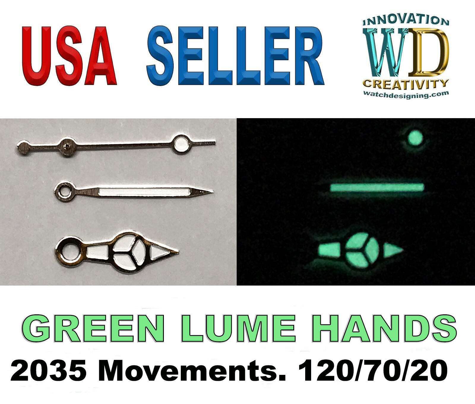 Lume Green SILVER Hour Minute Seconds Hands Watch replacement Parts 120/70/20