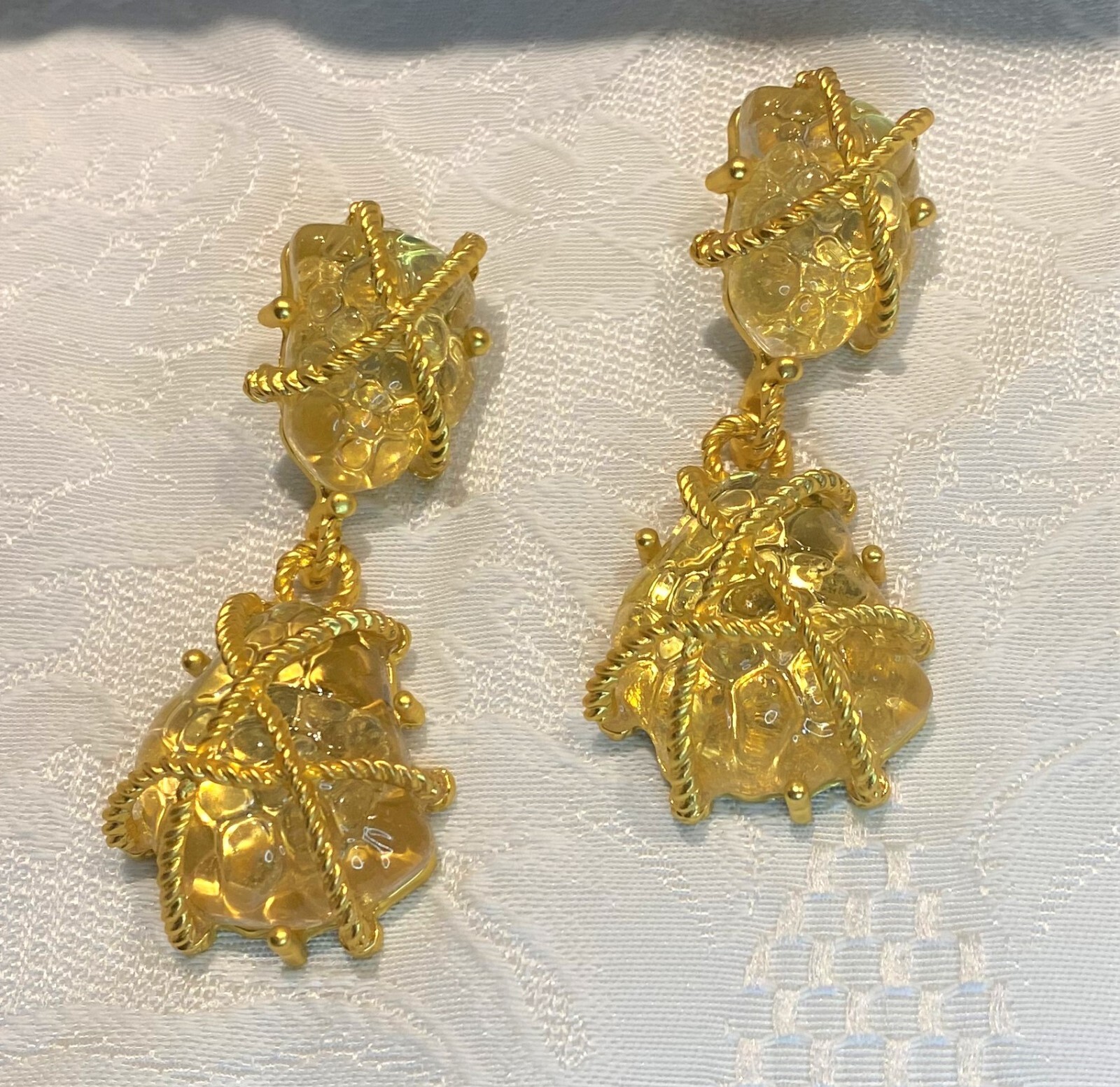 Stunning Gold Color Acrylic Cabochon & Plated Gold Pierced Earrings