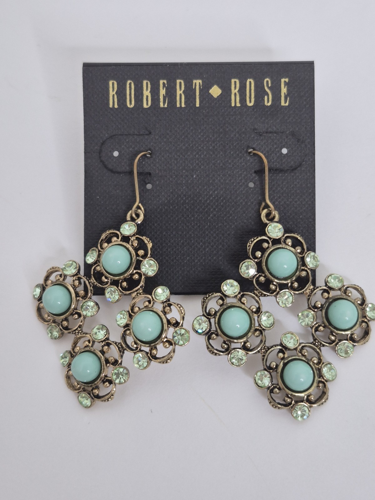 Robert Rose Filigree Earrings Featuring Turquoise Beads And Light Green Crystal