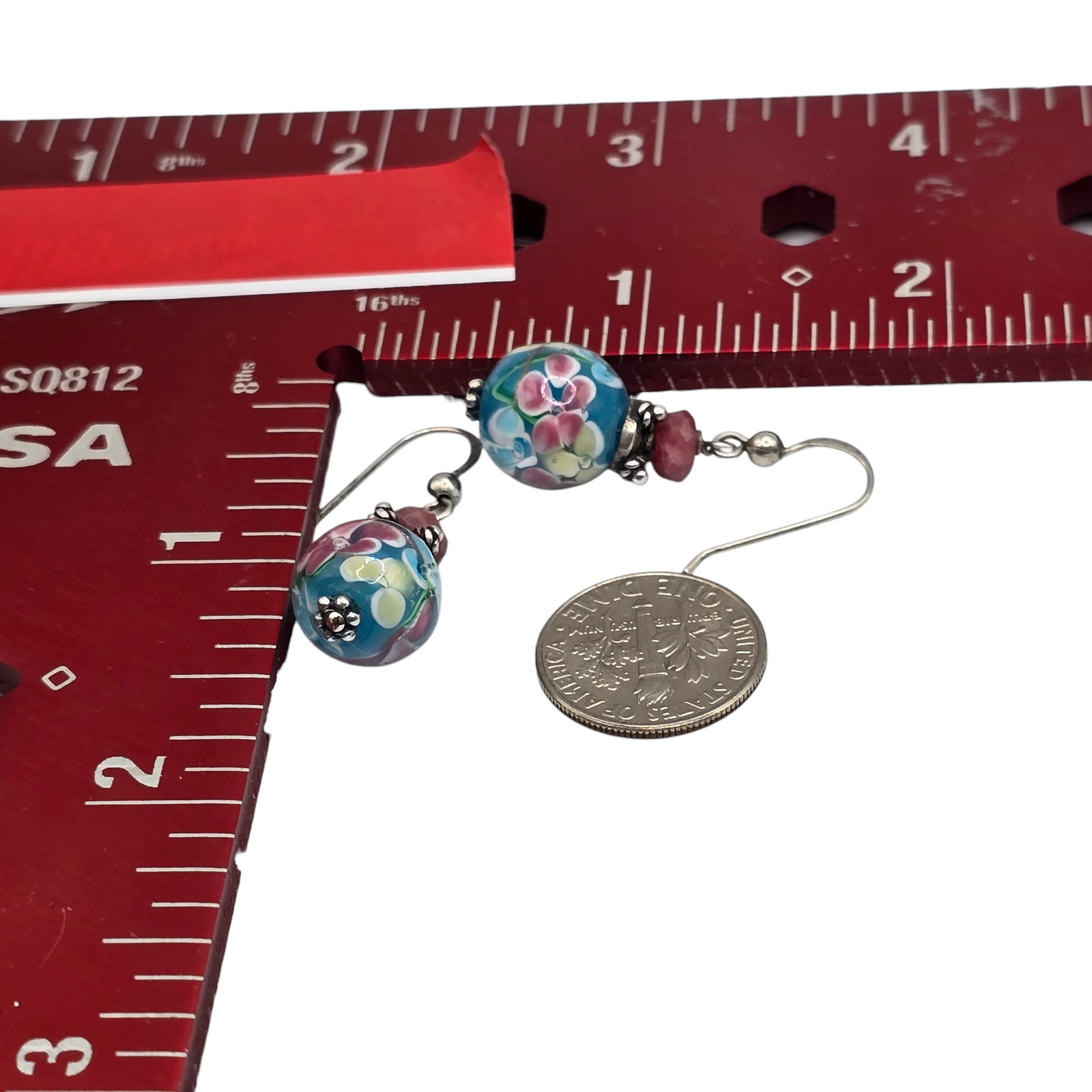 Earrings Lampwork Sterling Silver 925 Accent Dangle Floral Glass Bead Boho S2942