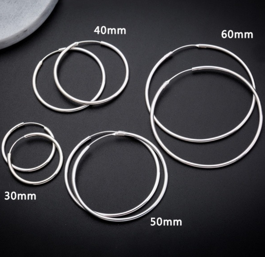 2Pcs Women 925 Sterling Silver Plated Round Hoop Endless Vogue Earrings 8mm-60mm