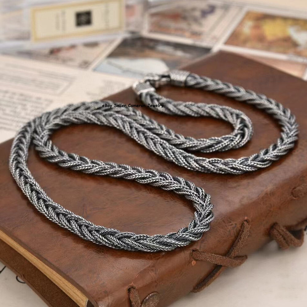 Pure S925 Sterling Silver Chain 6mm Braided Foxtial Link Necklace34-35g 23.6inch