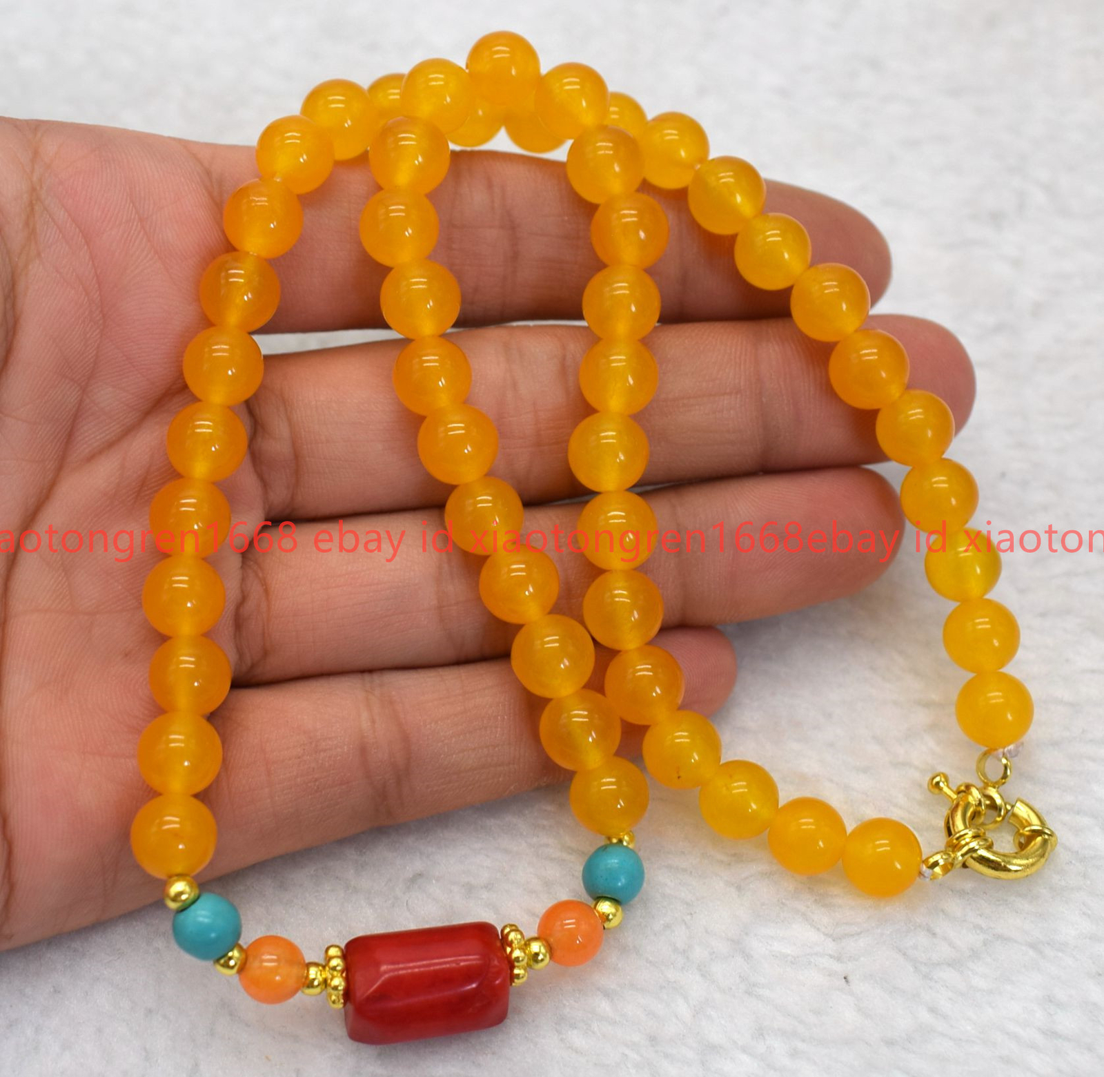 Handmade Natural 8mm Yellow Topaz & Red Coral Gems Round Beads Necklace 16-24in