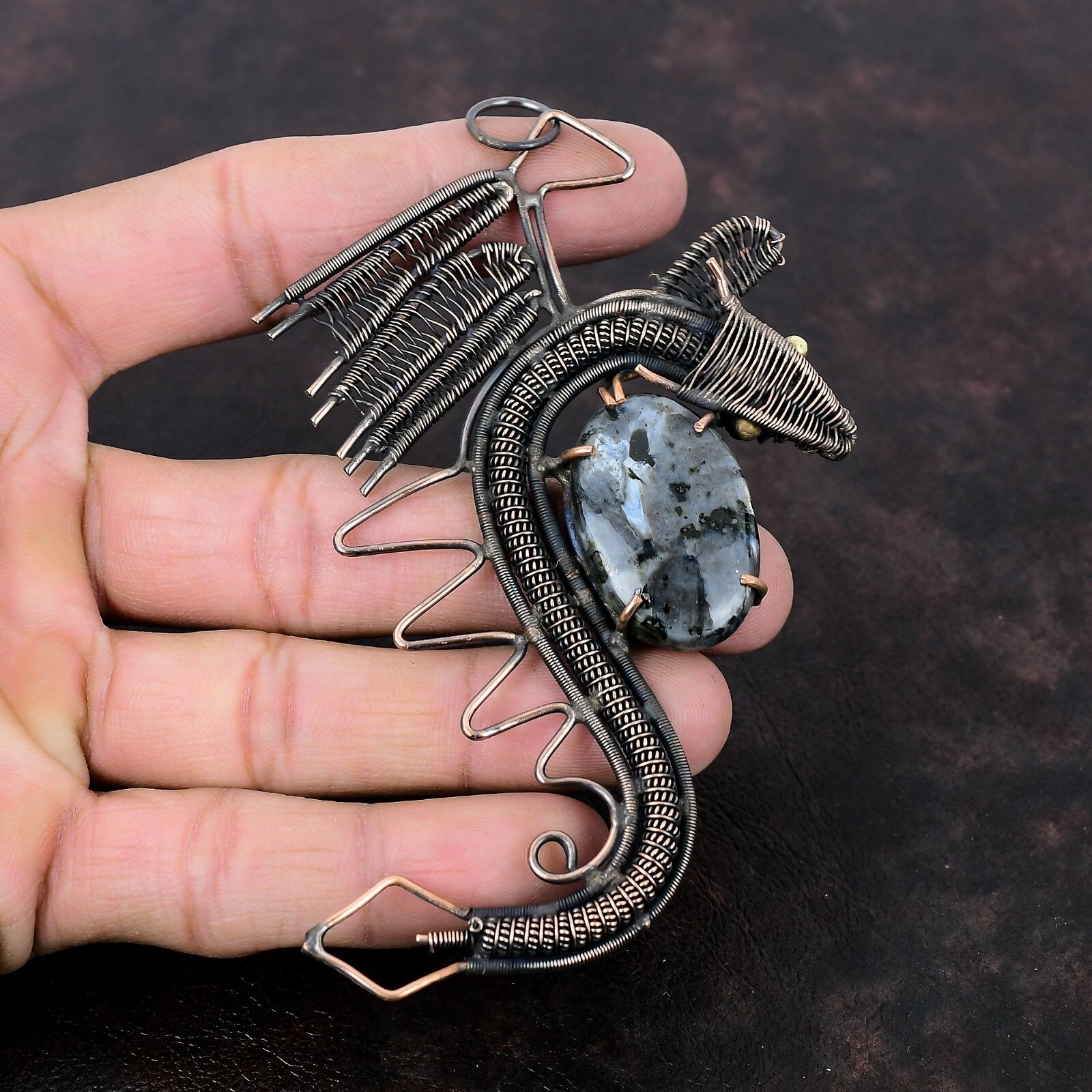 Larvikite Gemstone Jewelry Copper Wire Wrapped Dragon Pendant For Girls 4.49″