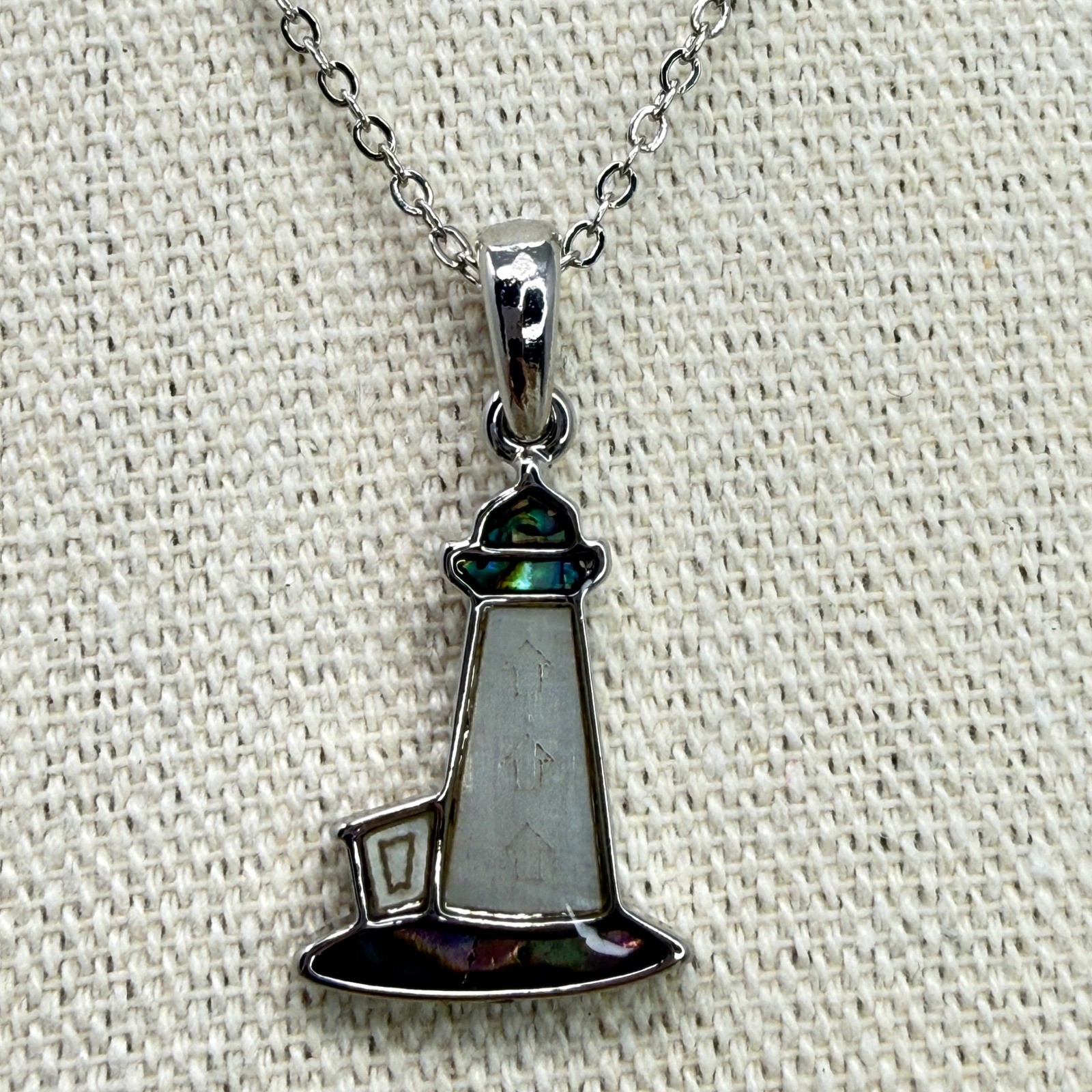 Lighthouse Pendant Necklace Silver Tone Mother of Pearl Abalone Shell Nautical