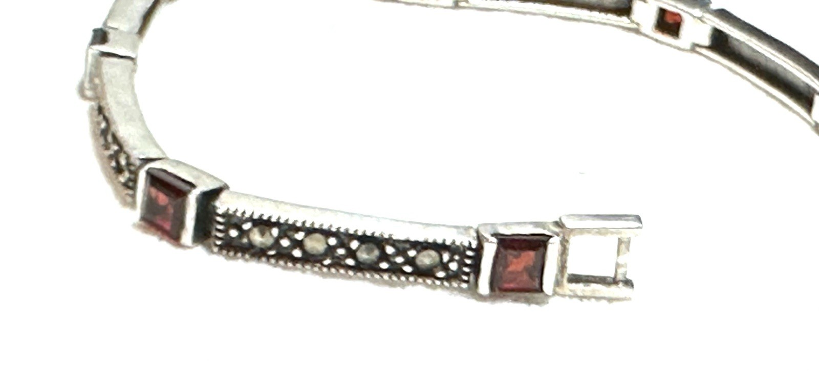 Vintage Sterling Silver Marcasite & Garnet/Ruby Bracelet 7″
