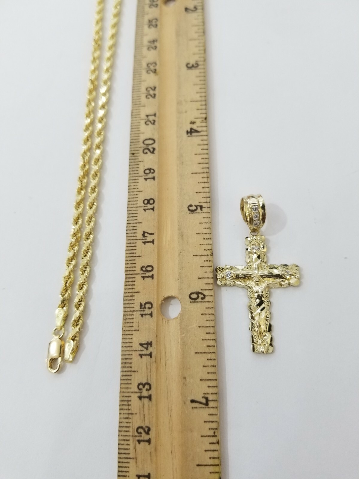 REAL 10k Rope Chain And Cross Charm Pendant 3mm Necklace Jesus Cross Set 16″-28″