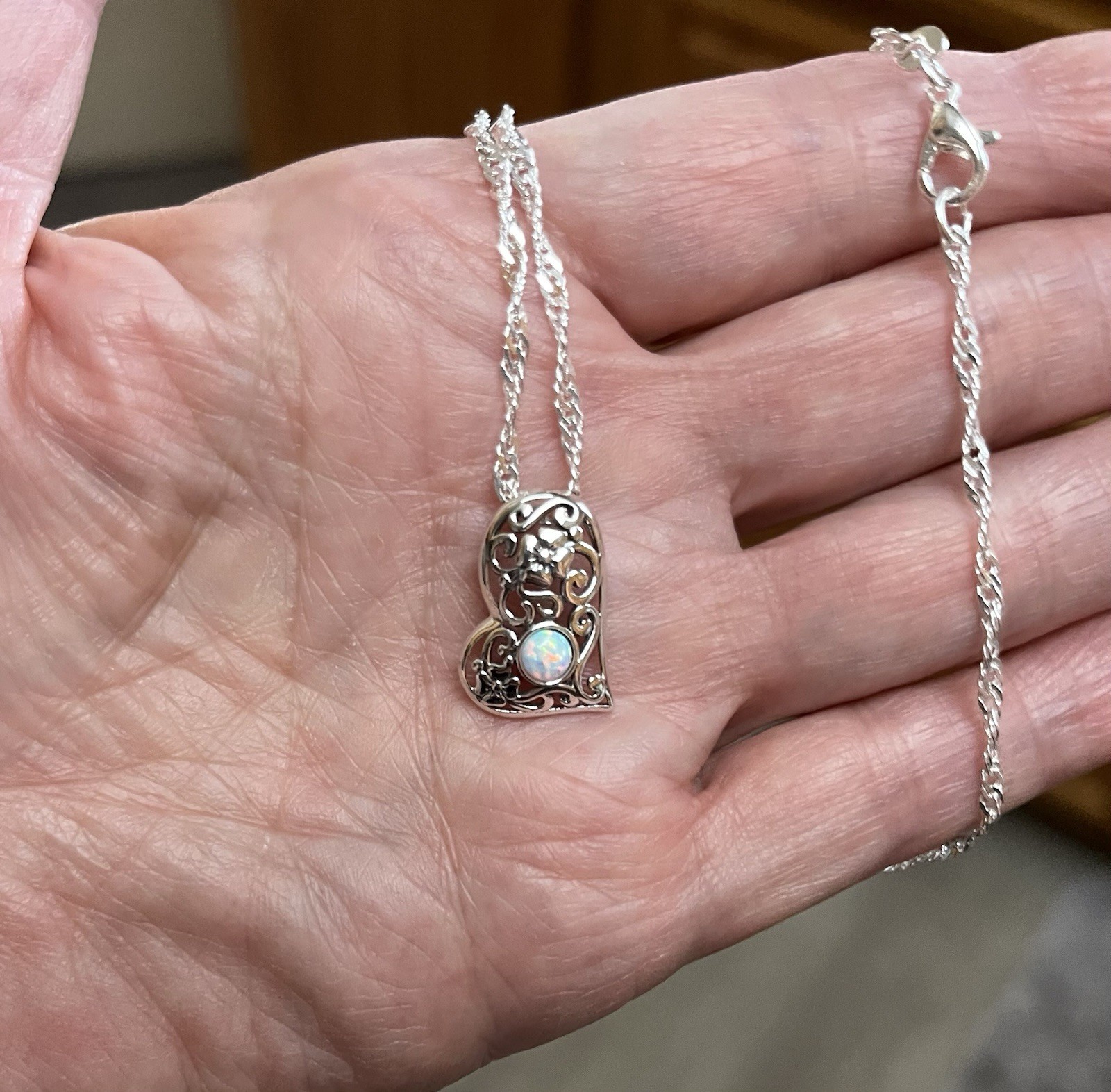 Sterling Silver White Lab Opal Heart Pendant &18”Waterfall Necklace, Lil Beauty