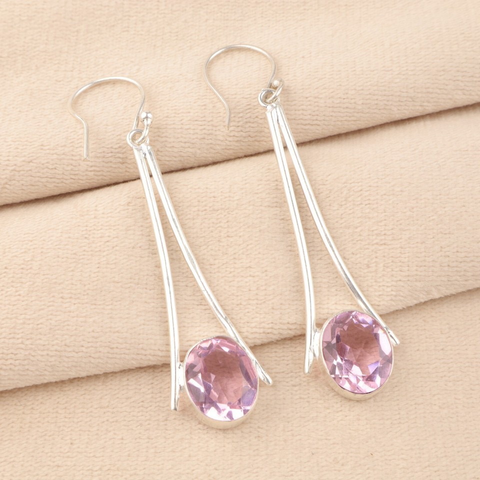 Pink Kunzite Gemstone 925 Sterling Silver Handmade Earring For Birthday Gift”
