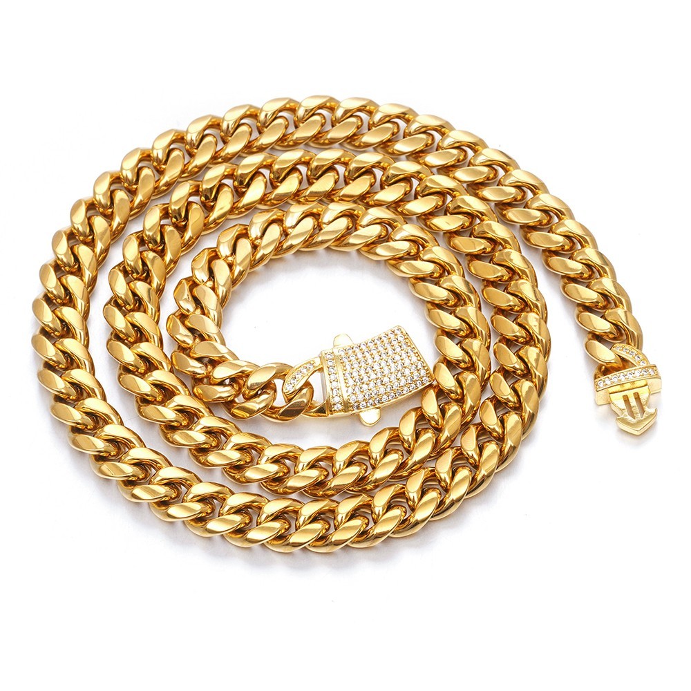 8mm Gold Stainless Steel Curb Cuban Link Chain Necklace with Bling CZ Clasp 60cm