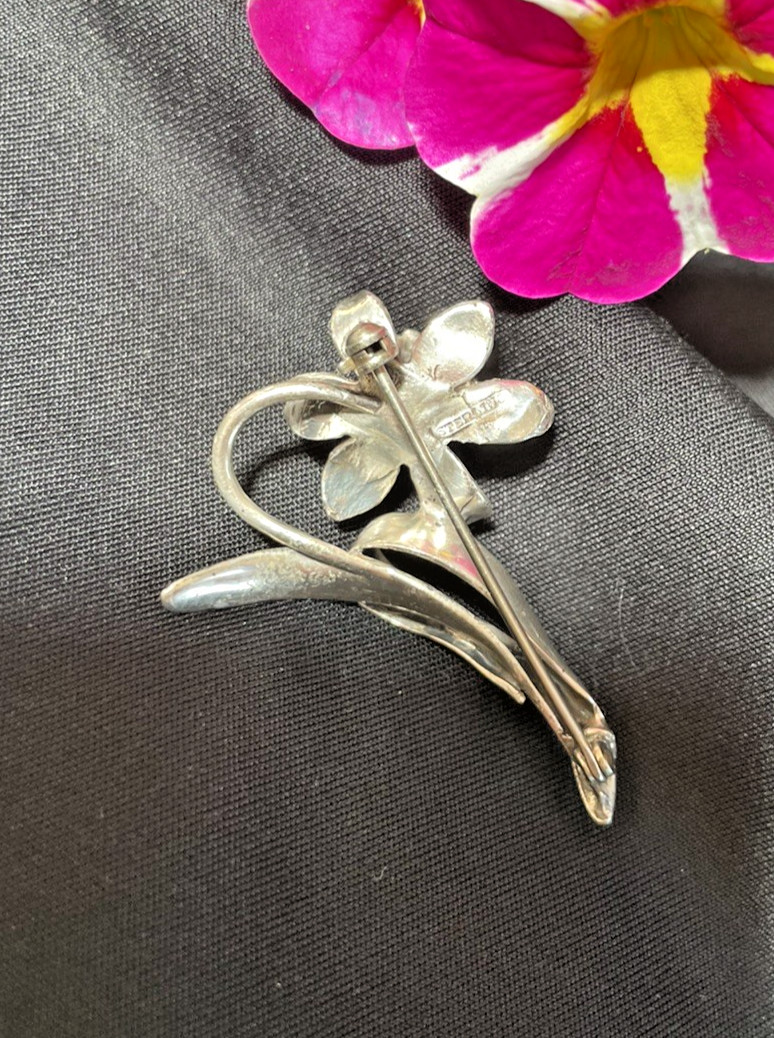 Sterling Silver Vintage Daffodil Jonquil Flower Brooch Pin-March Birthday flower