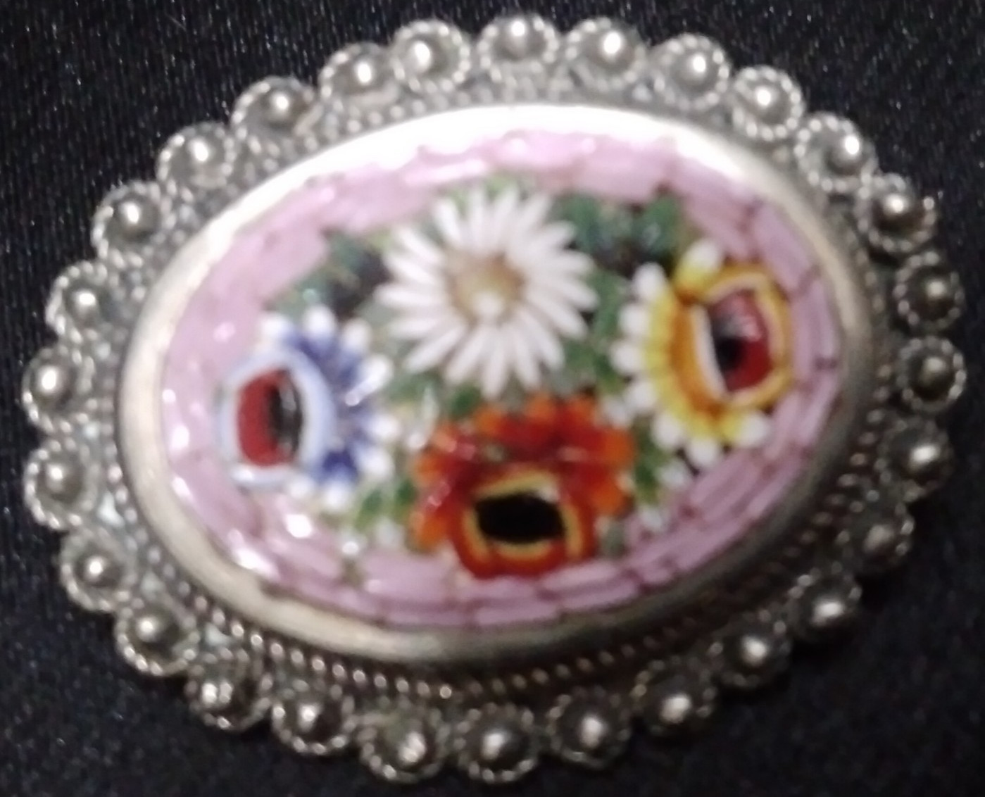 Vintage Italian Silver Unusual Color Micro Mosaic Floral Brooch Pin