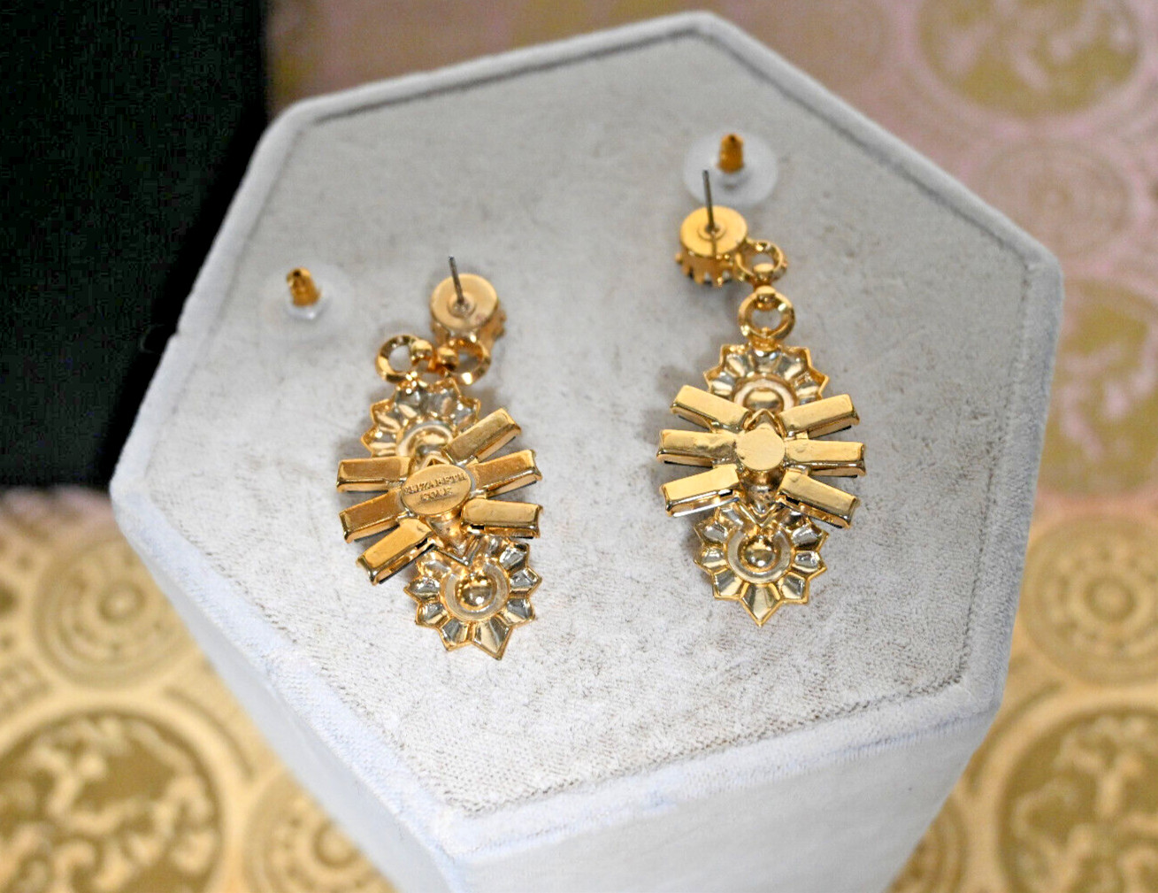 $250 ELIZABETH COLE Jet Crystal Art Deco Drop Marquise Shaped Pierced Earrings