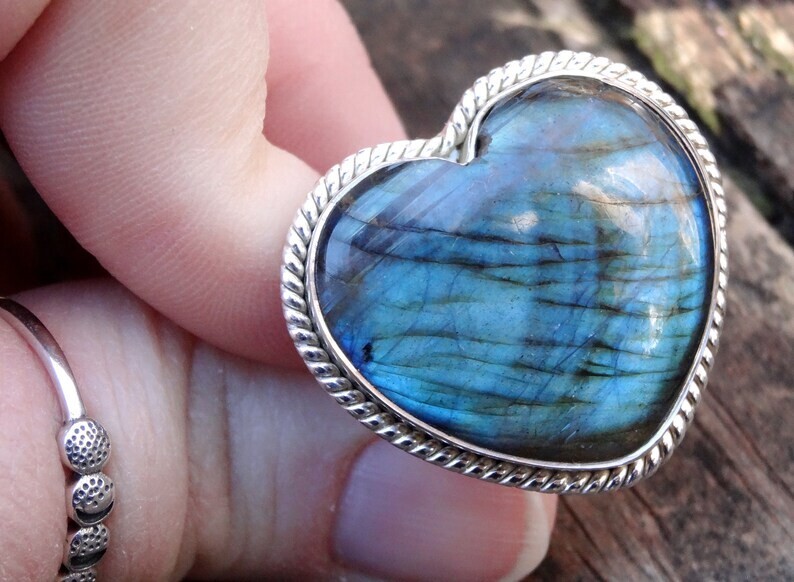 Natural Blue Labradorite Heart Ring 925 Solid Streling Silver Ring For Gift