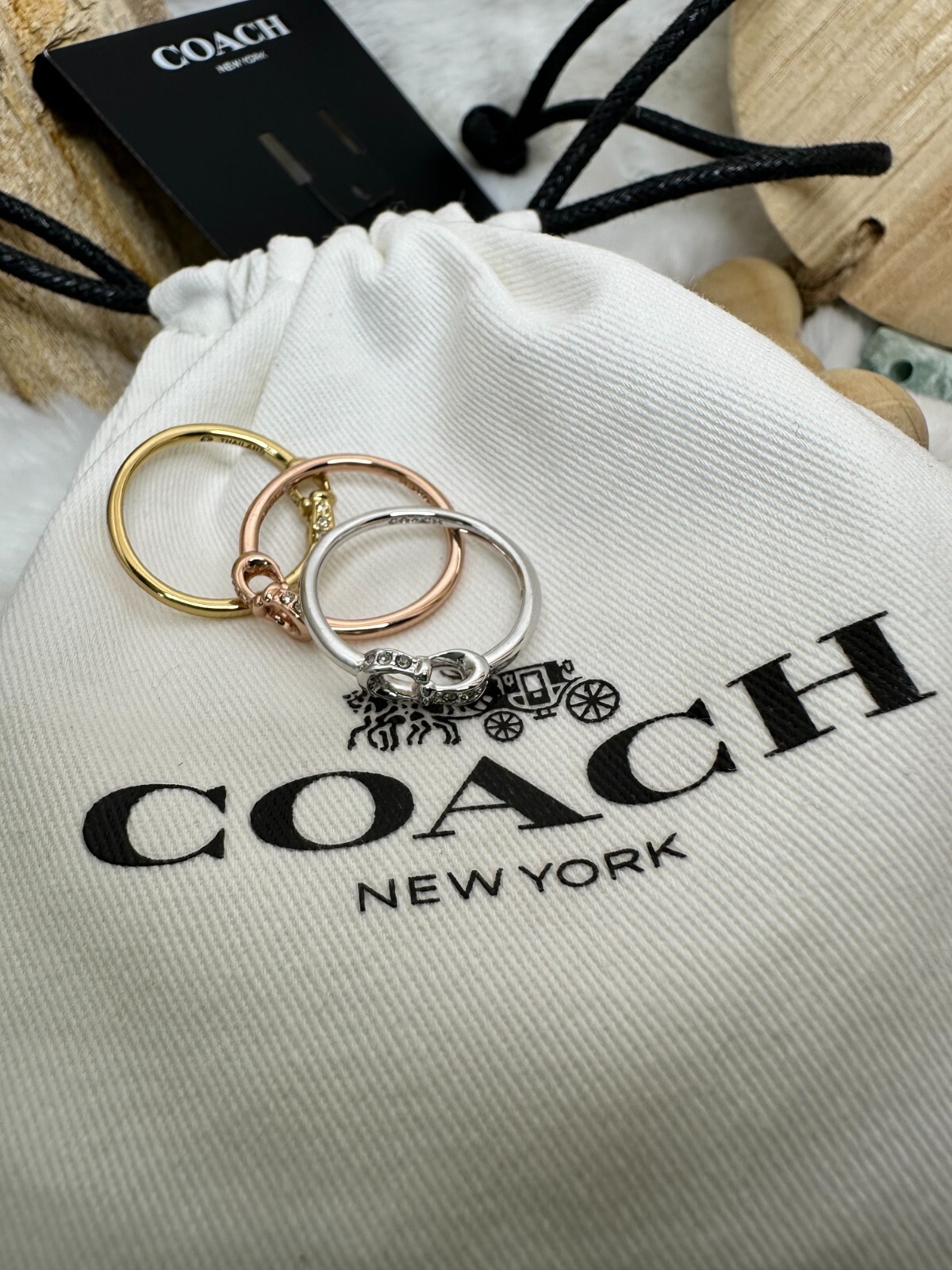 Coach Interlocking C Pavé Ring Set Size 7 Tri Tone Gold Silver Rose Gold