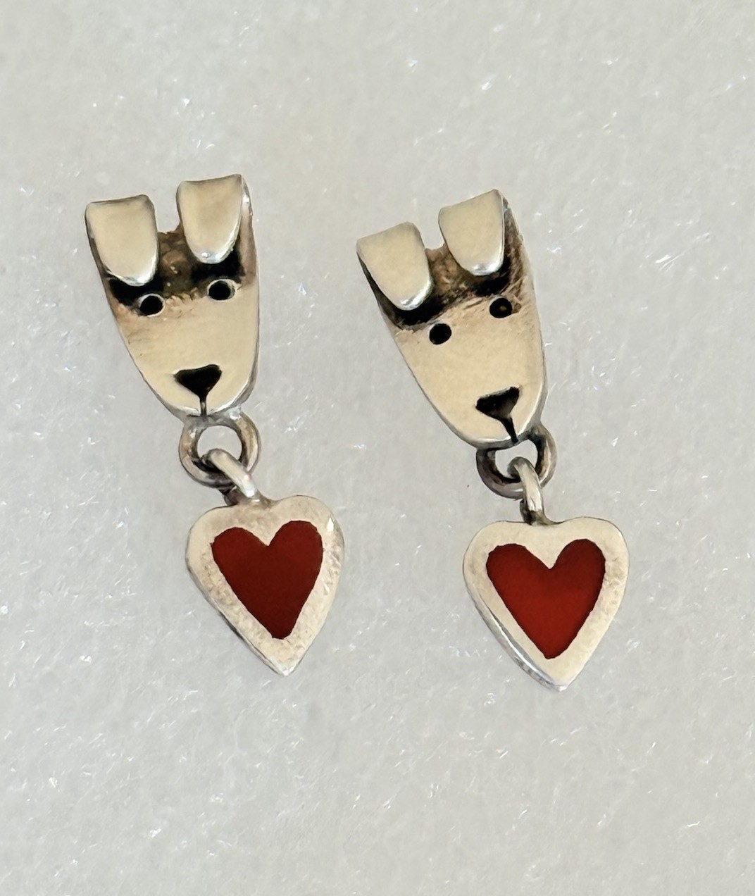 Vintage Anne Jane Harvey Mexico Sterling Silver Dog Puppy Heart Dangle Earrings