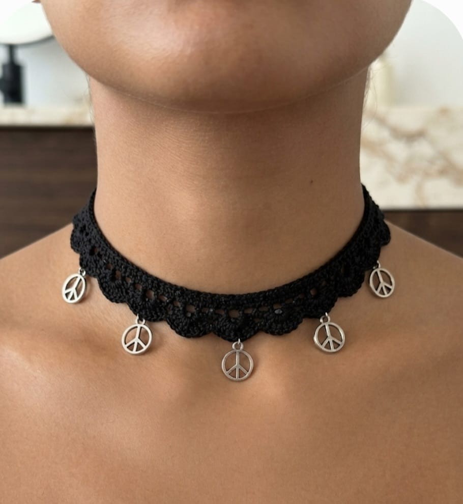 Black Lace Crochet Choker Necklace Silver Peace Sign Charms Boho Hippie Jewelry