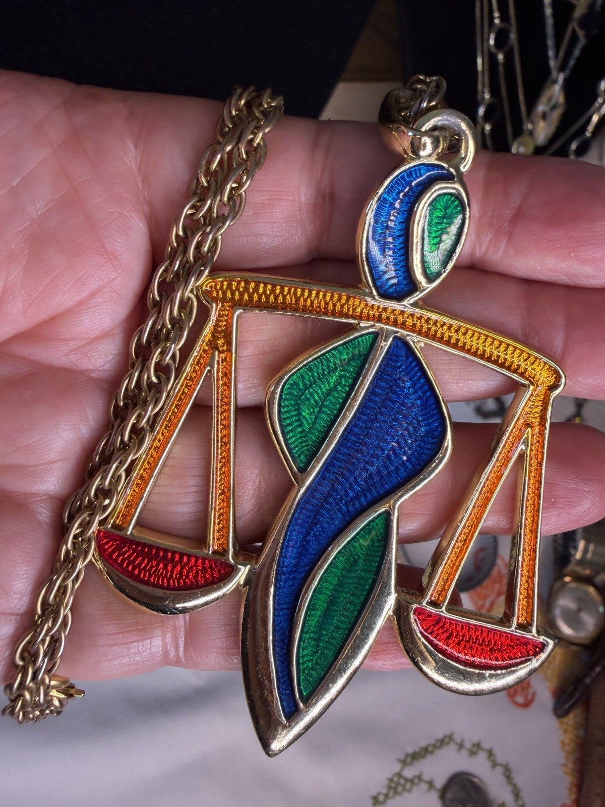 Libra Capri Large Pendant Enamel Scales Astrology Goldtone chain Necklace Ex Con