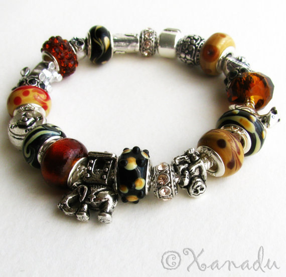 Black Brown Taupe Night Safari European Charm Bracelet – Elephant Monkey Cheetah