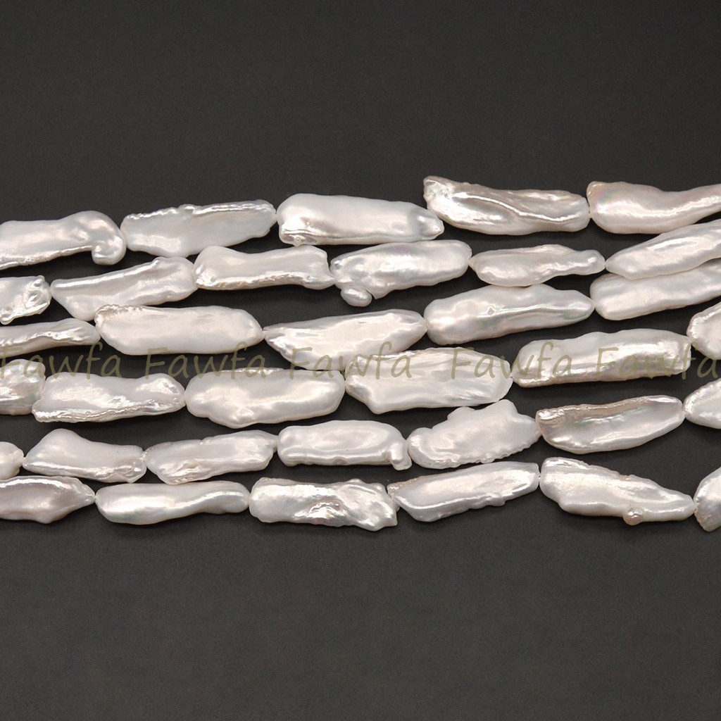 25-30mm Natural White Unique Biwa Long Baroque Freshwater Pearl Loose Beads 15”