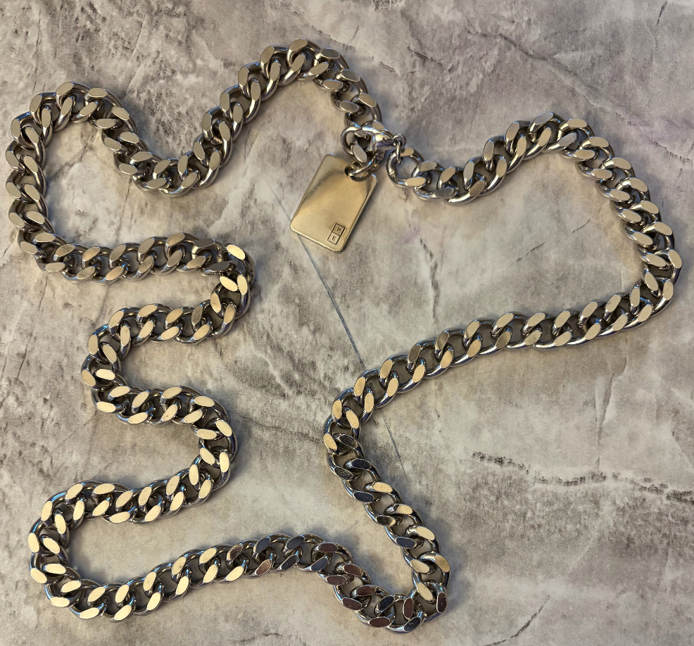 Chunky Miami Cuban Link 40 in Chain Stainless Steel w P E Engraved ID Tag
