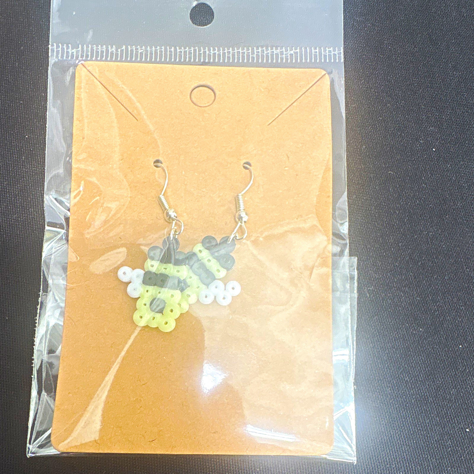 Handcrafted perlers bumble Bee Dangle Hook Earrings Green White Black Plastic
