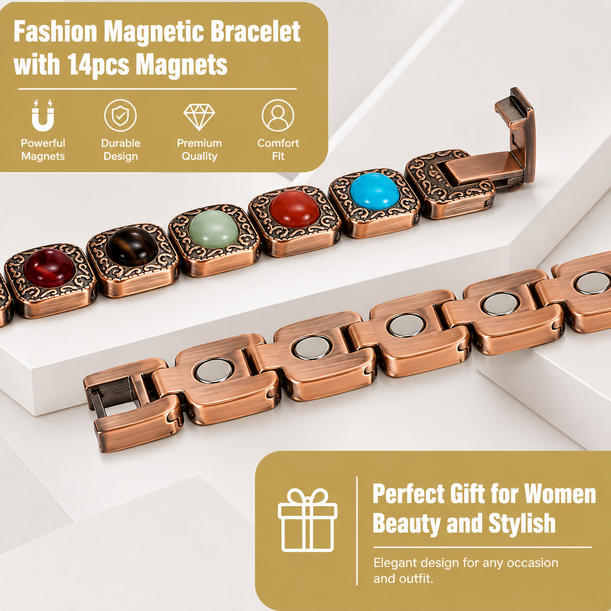 99.99% Pure Copper Magnetic Bracelet Women Adjustable Natural Stone Gift