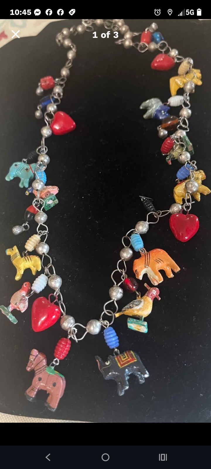 Vintage Tropicana Necklace Silver Wooden Animals Birds Chain Parrot Hearts 1960s