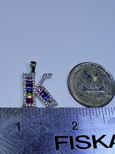 925 Sterling Silver Letter K Multicolor and White CZ initial Charm Pendant