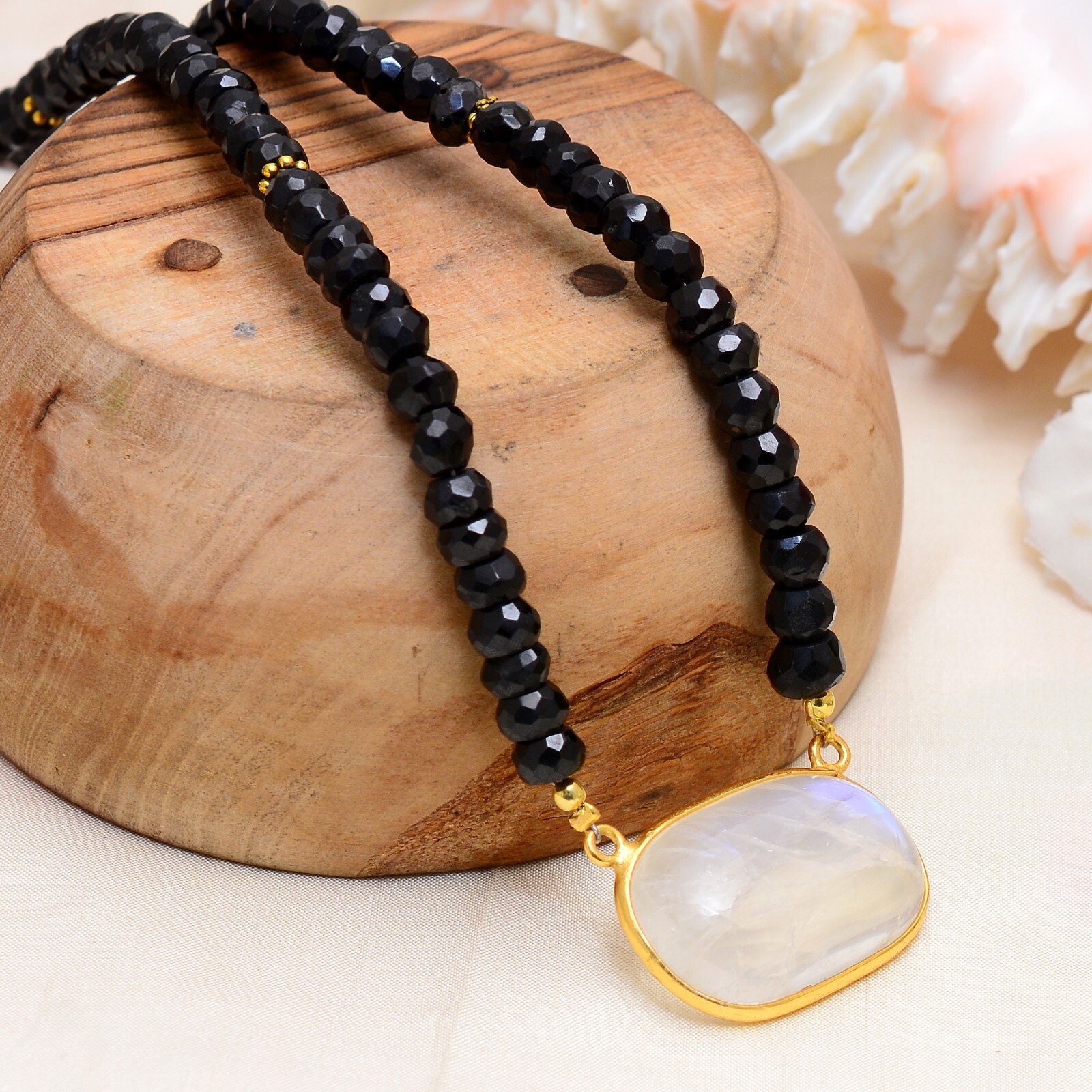 925 Sterling Silver Black Spinel Necklace,Moonstone Jewelry,Rainbow Moonstone