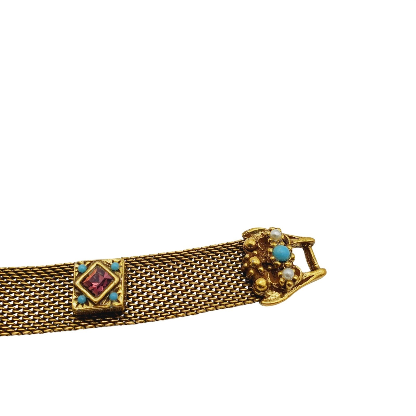 Vtg Goldette Gold Tone Victorian Revival Mesh Chain Bracelet Jeweled Blue Purple