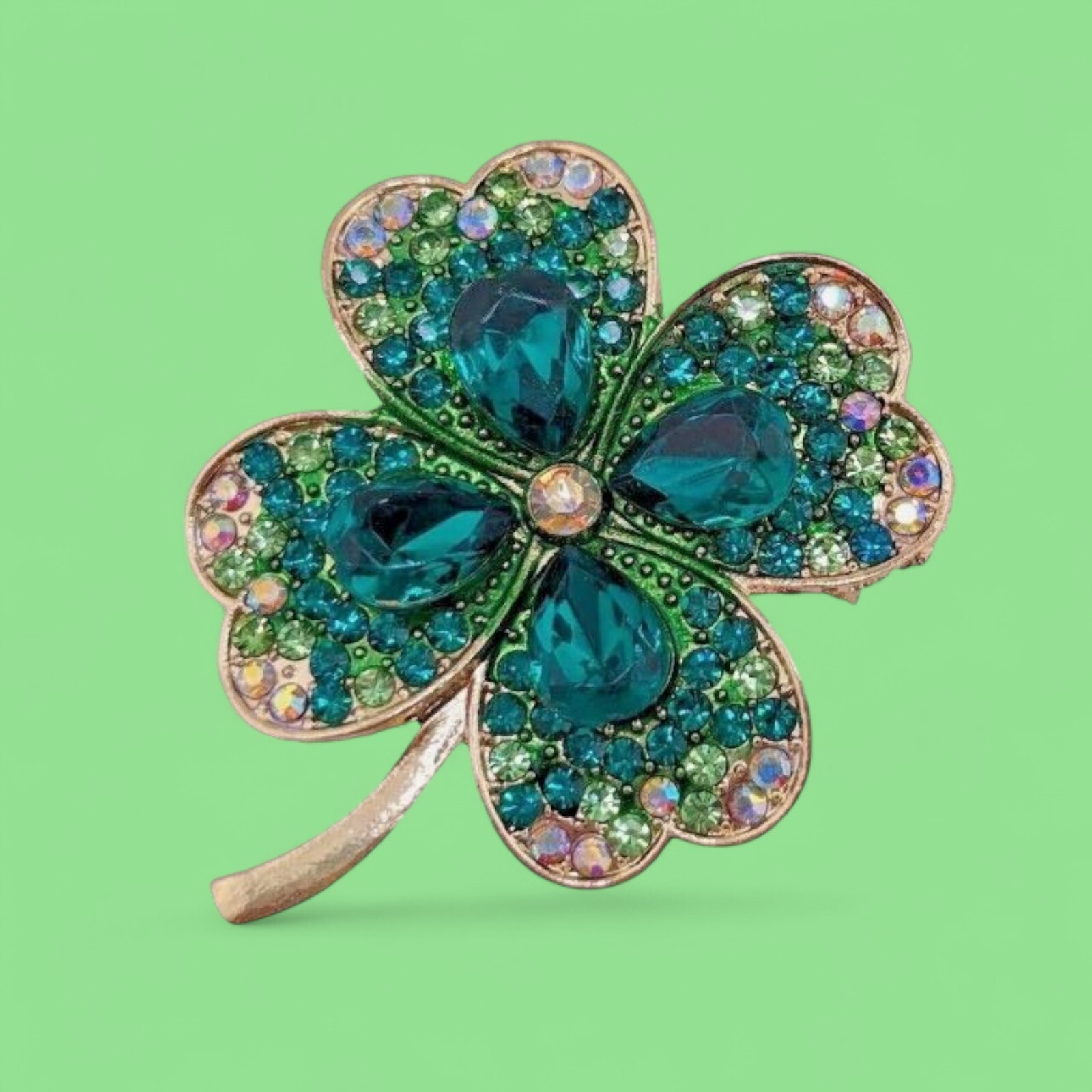 LUCKY GREEN FOUR-LEAF CLOVER BROOCH crystal shamrock pin St. Patrick’s Day O3