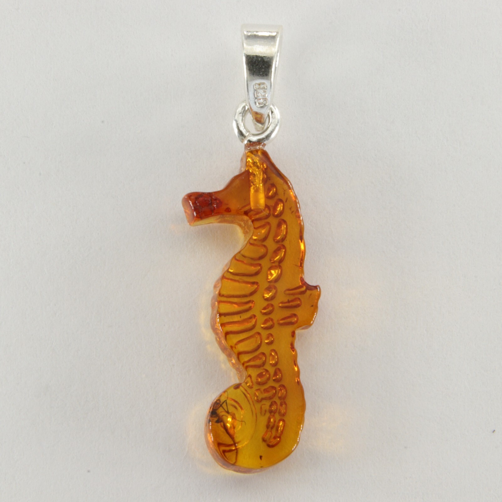 Carved BALTIC AMBER Sea Horse Pendant – 925 STERLING SILVER #5709