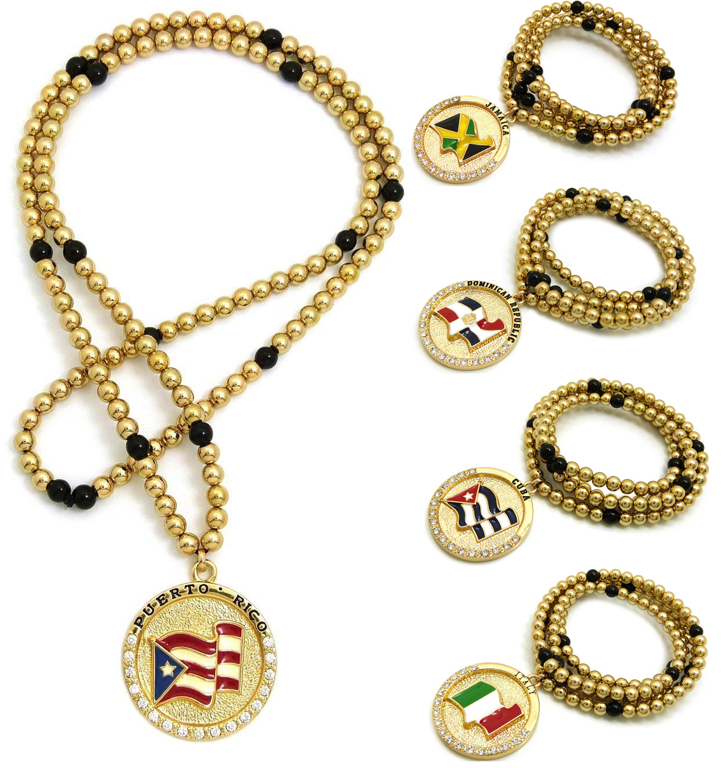 PUERTO RICO JAMAICA,DOMINICAN REPUBLIC,CUBA,ITALY ROUND FLAG PENDANT NECKLACE