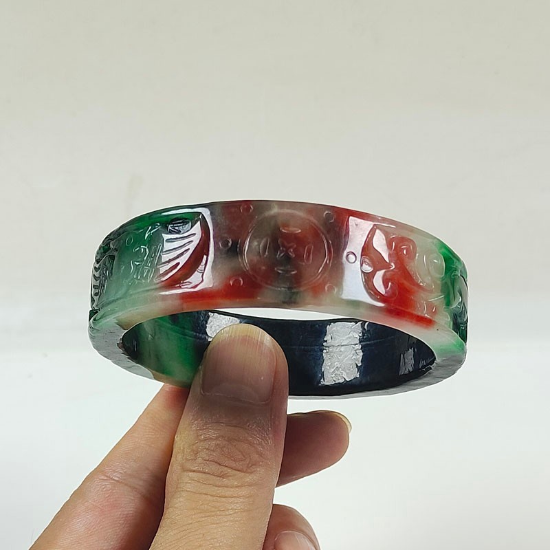 61mm Real Natural Ice Multicolor Burmese Jade jadeite Carving Bracelet Bangle