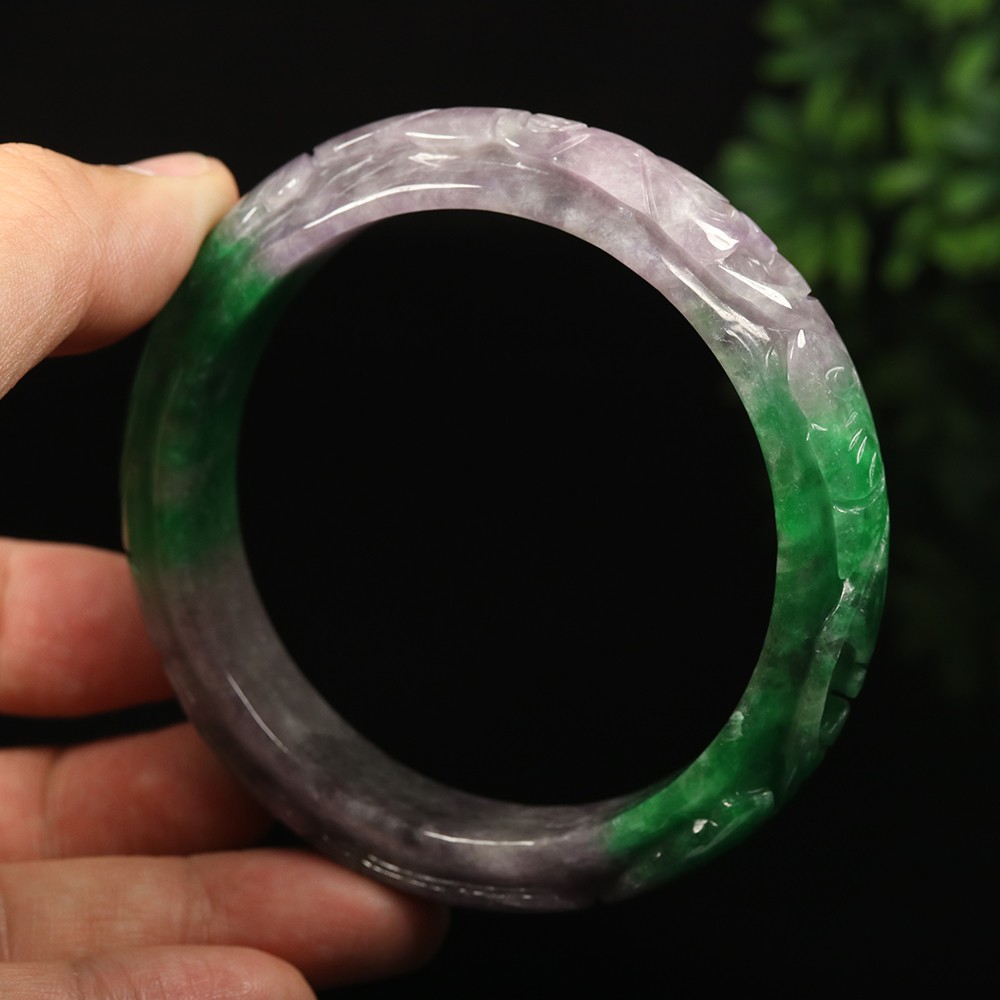 64mm Lavender Purple Green Jadeite Jade Bangle Bracelet Bat Ruyi Fish A-14801