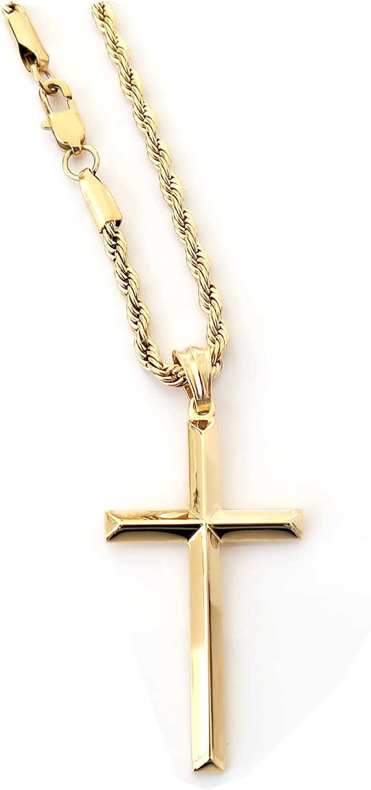 14K Gold Rope Chain Style Religious Cross Pendant Necklace Gifts for Men Husband