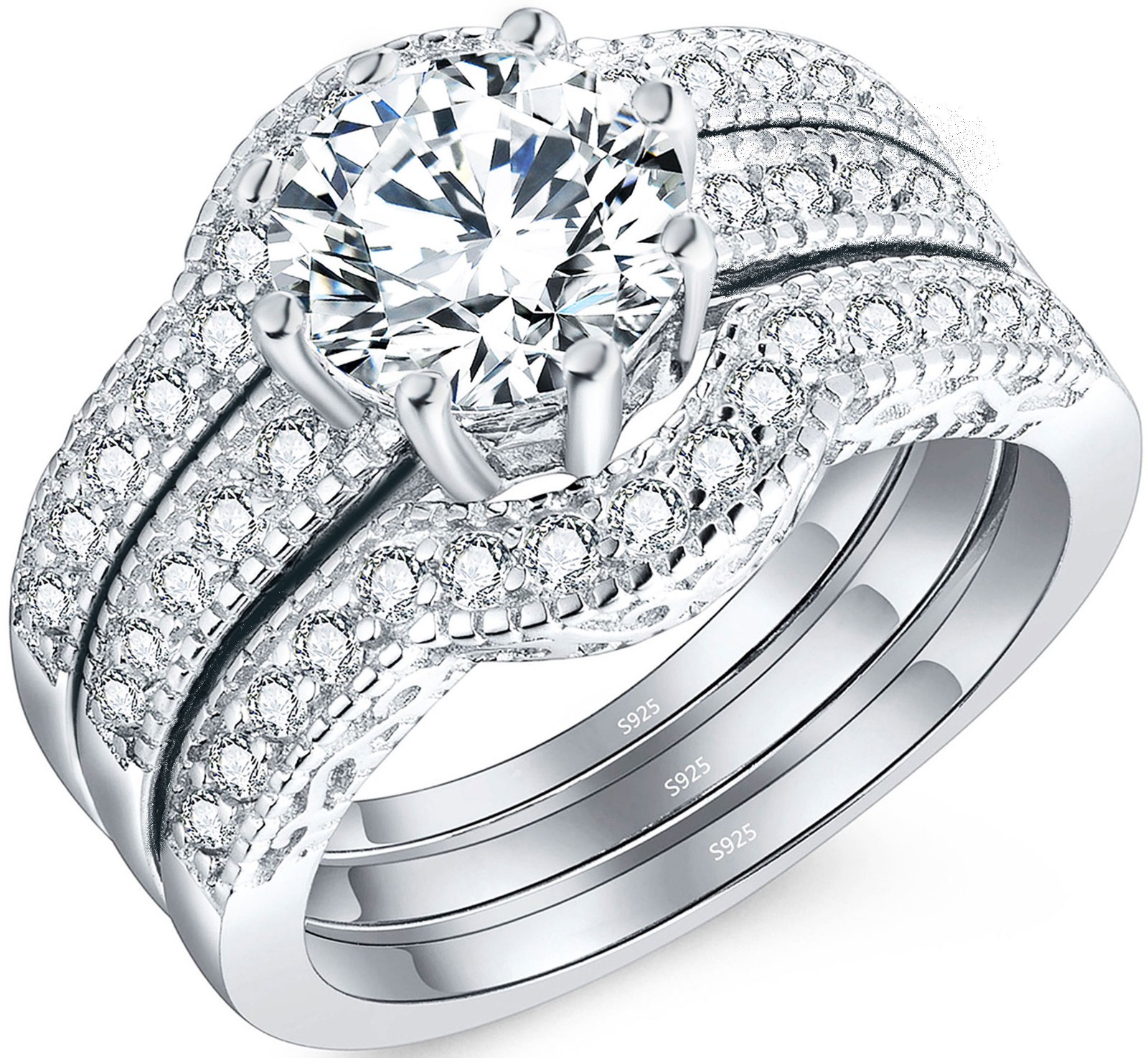 2.50 CT Halo Round White CZ 925 Sterling Silver Engagement Wedding Band Ring Set